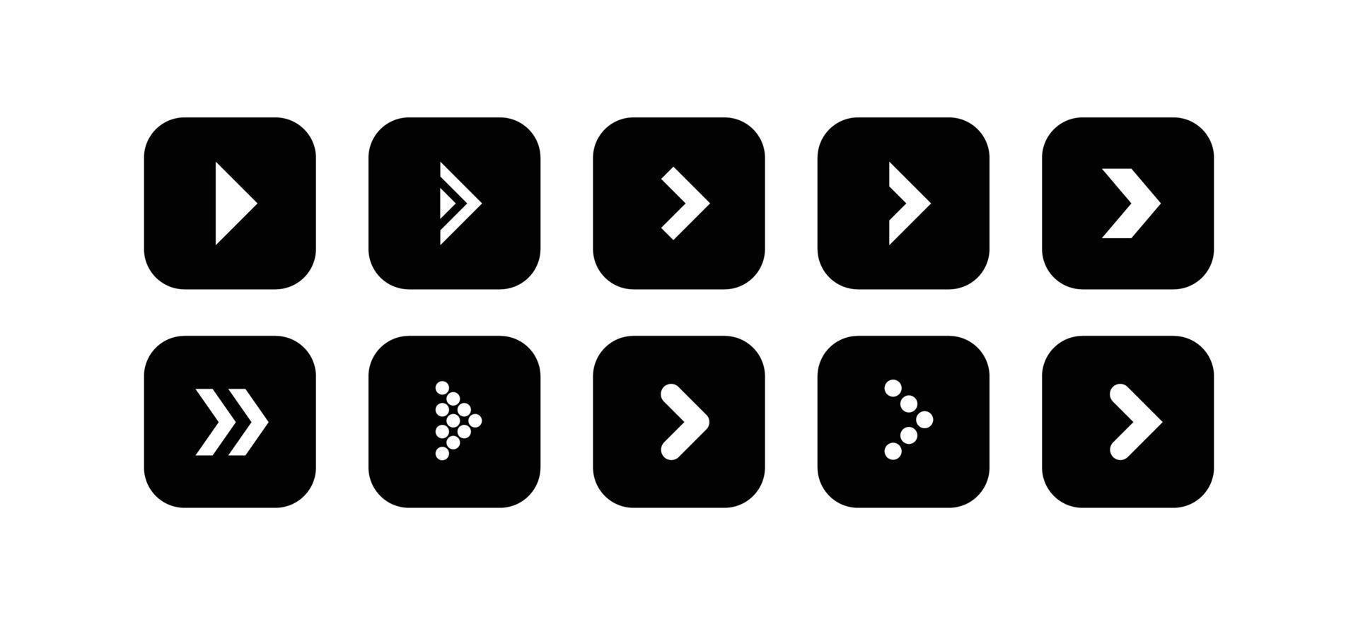 Set of black arrow illustration icons in the shape of a rounded square vector