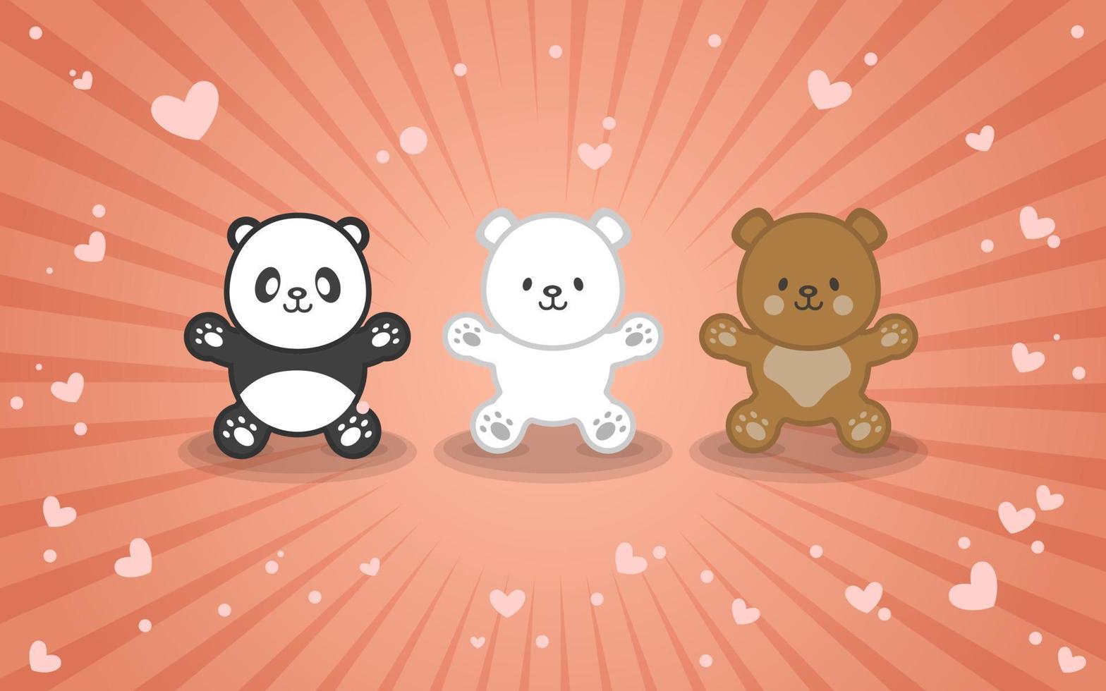 ilustración de un lindo conjunto de pandas, osos polares y osos marrones con antecedentes de efectos de amor. vector