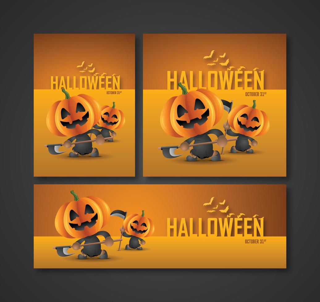 carteles, volantes y pancartas para fiestas nocturnas de halloween personaje fantasma de calabaza como tomador de almas. vector