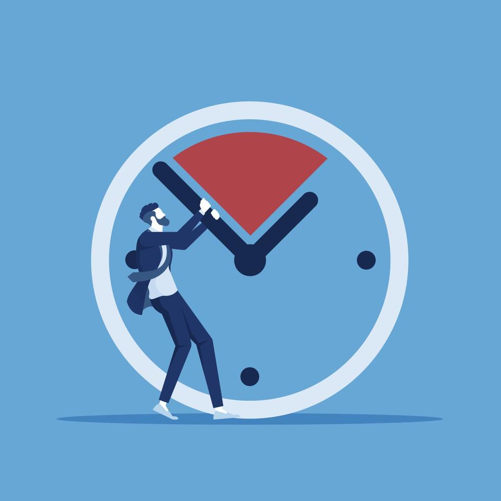 concepto de fecha límite de negocios, hombre de negocios tratando de retrasar el reloj, gestión del tiempo vector