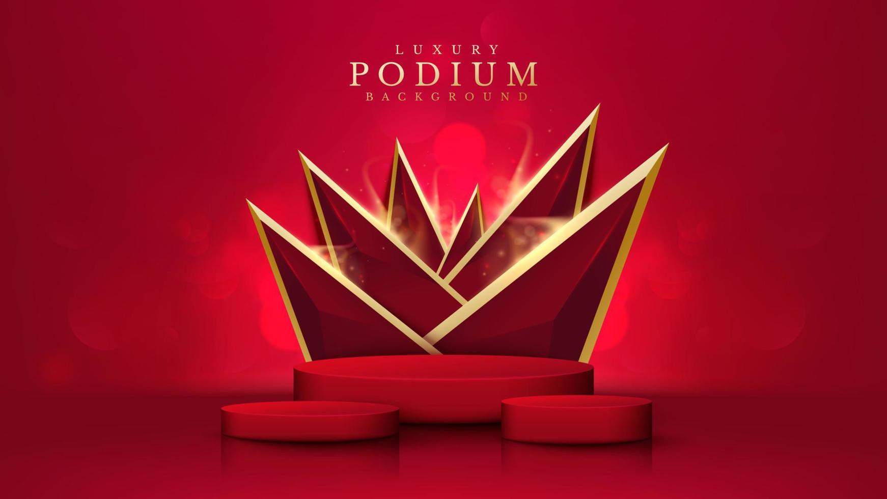 Red product display podium with golden triangle elements with bokeh decoration and glitter light effect. vector