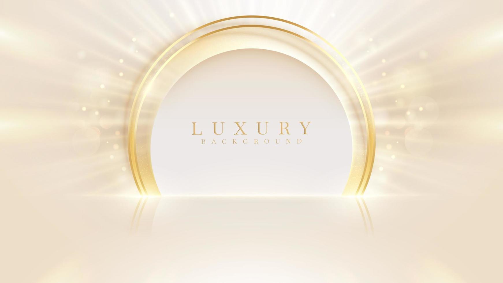 Stage for product show and circle frame with golden curve line decoration and glitter light effects and bokeh. Luxury style background. vector