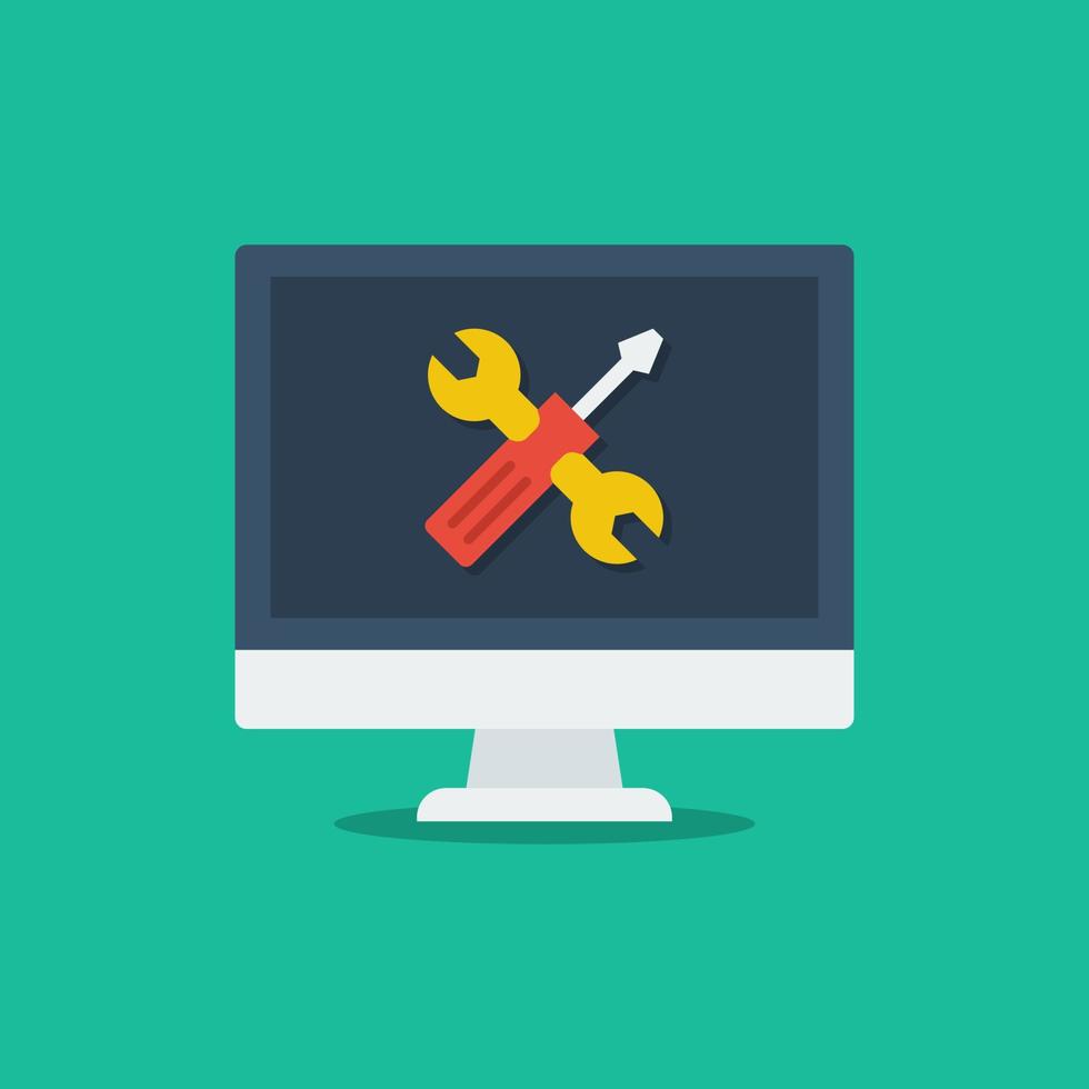 Computer screen with repair maintenance icon. Monitor, screwdriver, wrench. Flat vector illustration suitable for many purposes.