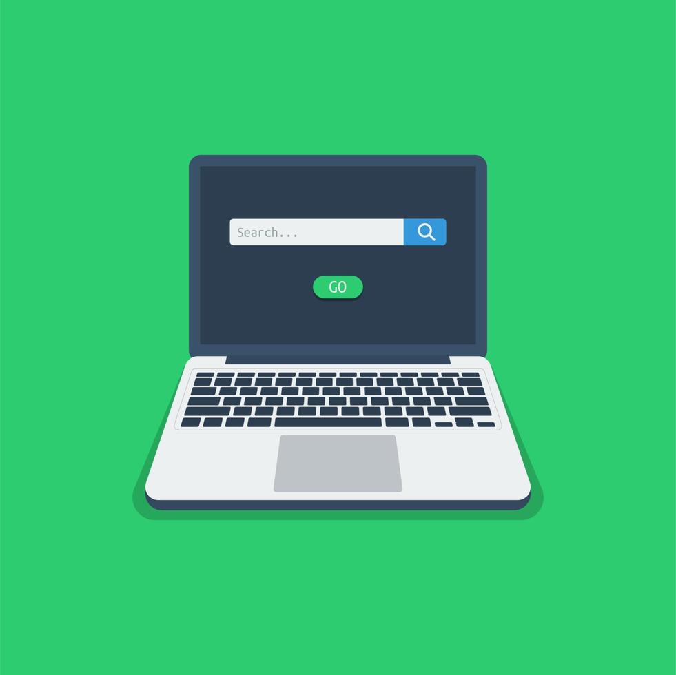 Laptop with search engine icon concept. Internet browsing flat vector illustration suitable for many purposes.