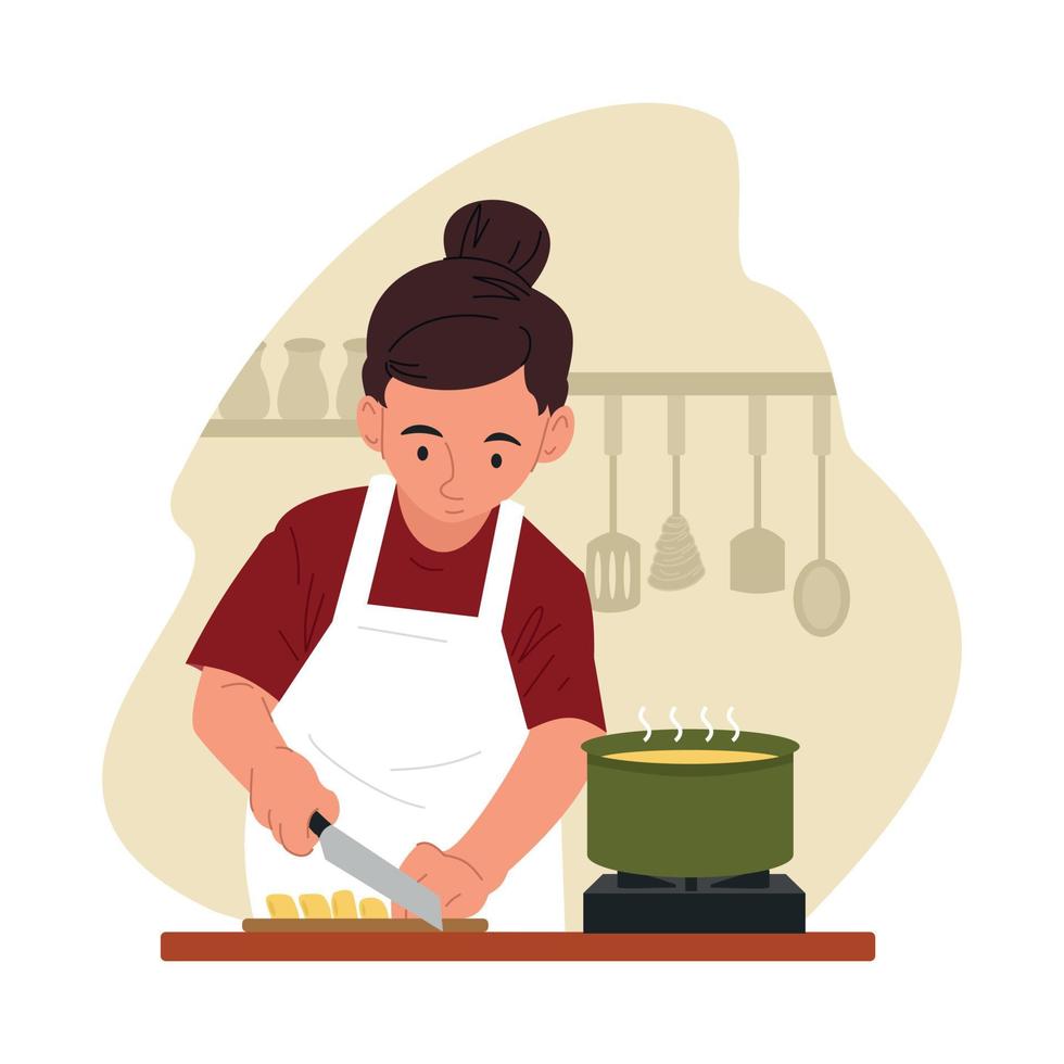 mujer cortando verduras para cocinar vector