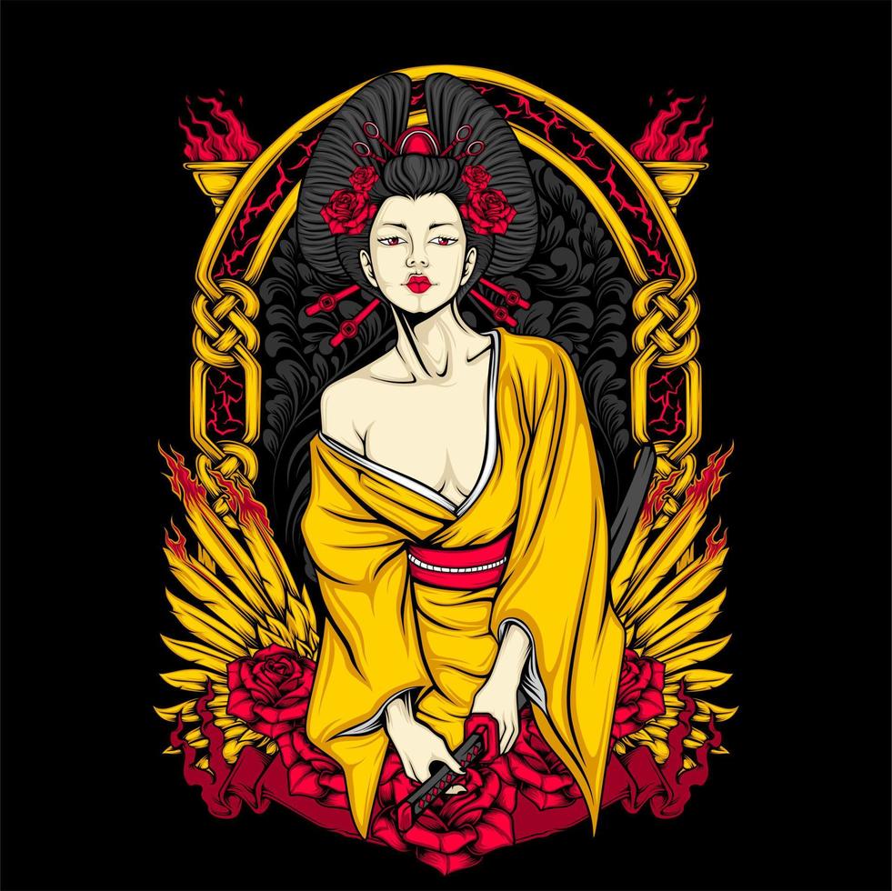 ilustración de geisha samurái vector