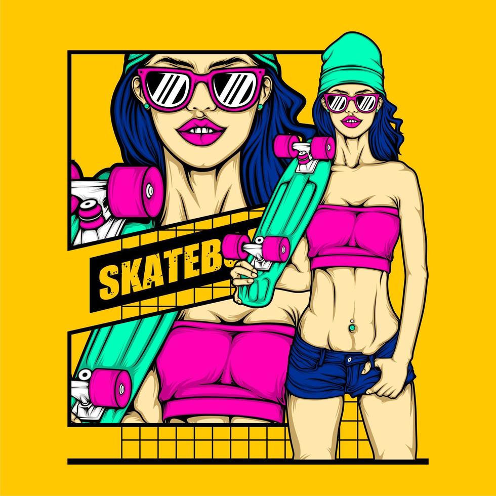 skateboard girl illustration vector