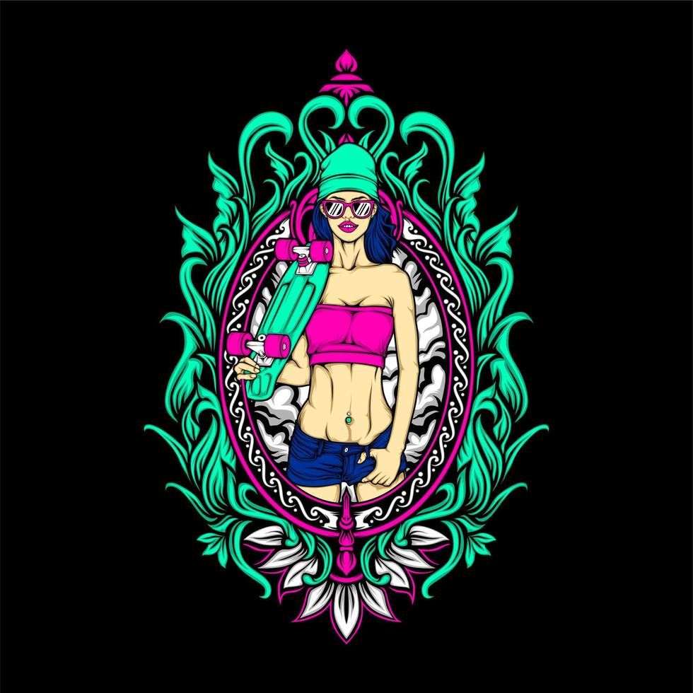 skateboard girl illustration vector