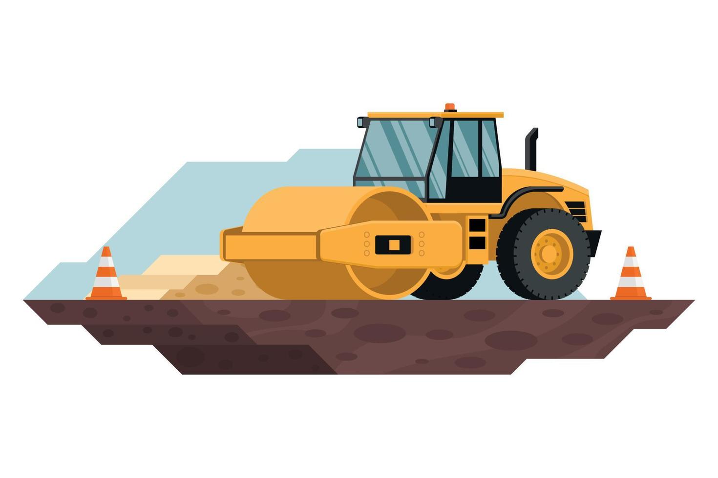 Soil compactor roller with safety cones in construction and mining work with heavy machinery 3d vector