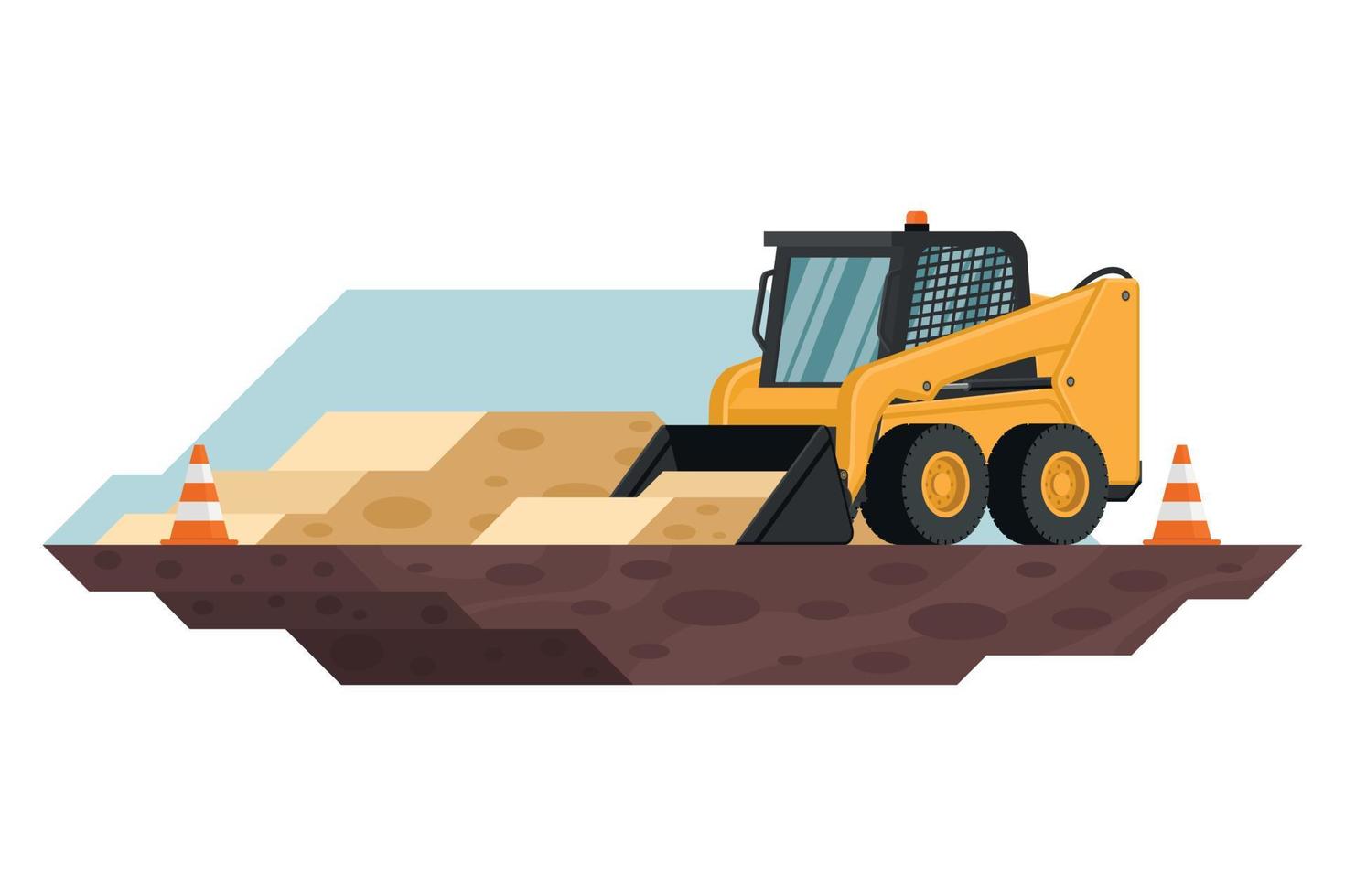 skid steer loader with safety cones in construction and mining work with heavy machinery 3d vector