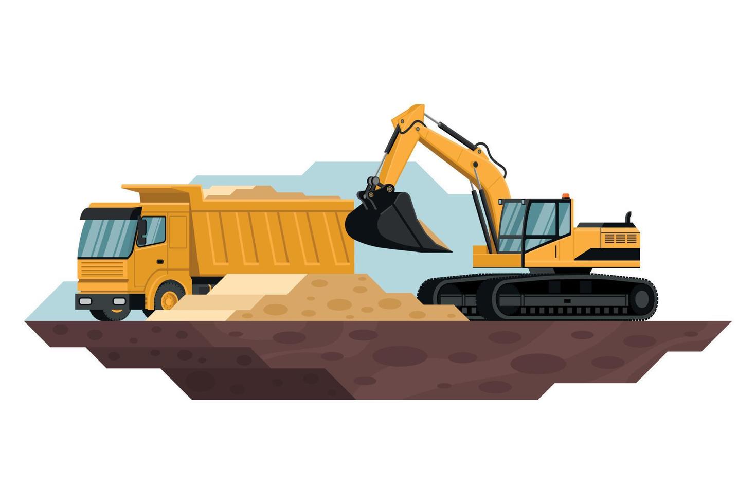 excavadora sobre orugas llenando un camión volquete en una construcción y minería con maquinaria pesada 3d vector