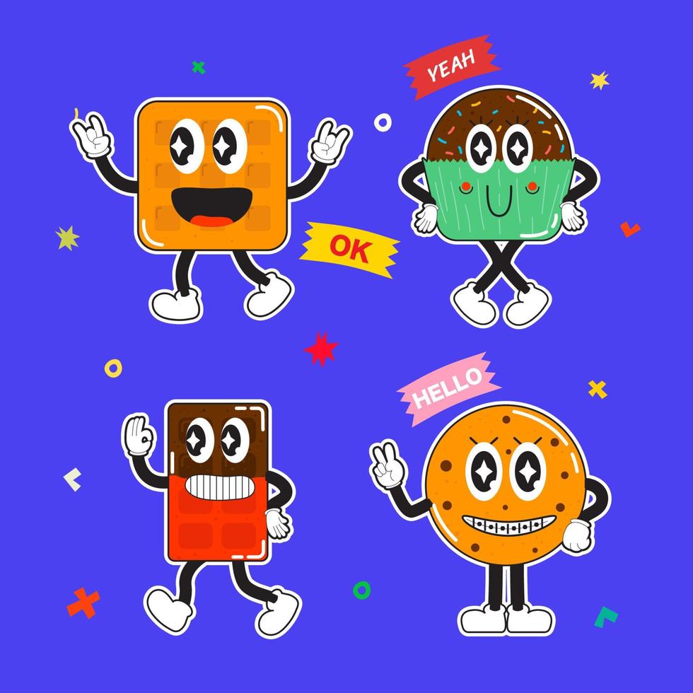 Vector illustrations Hand drawn of design cartoon characters.  stamps or stickers with abstract funny cute comic characters.