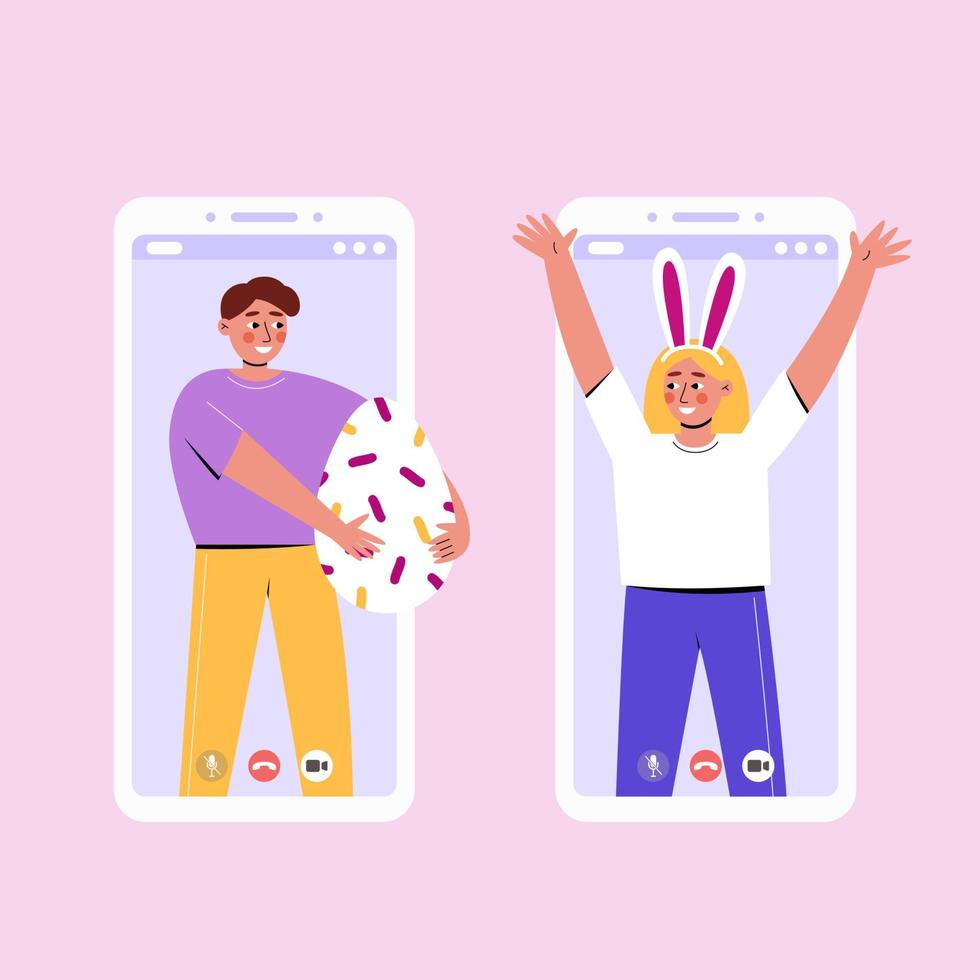 Guy with easter egg and happy girl on screens vector
