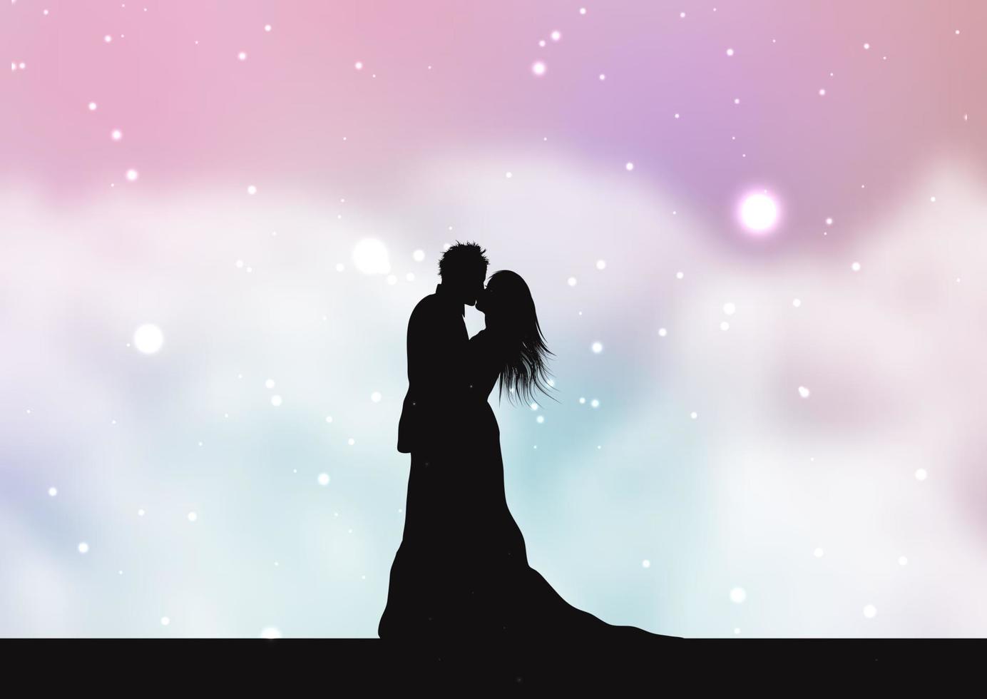 silhouette of a bride and groom on a pastel cotton candy clouds background vector