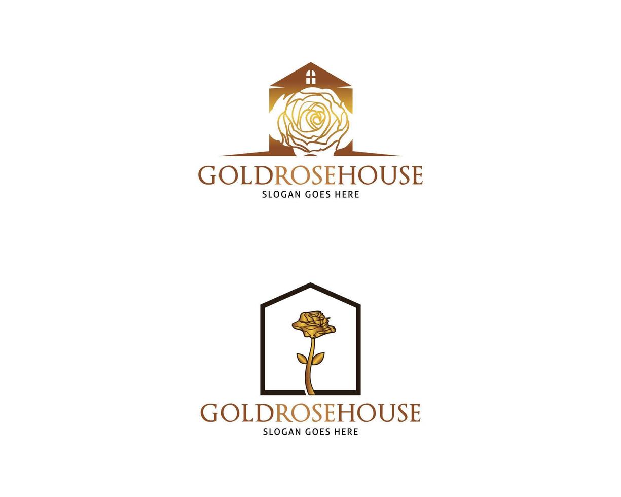 Set of Golden Rose House Vector Logo Design Template