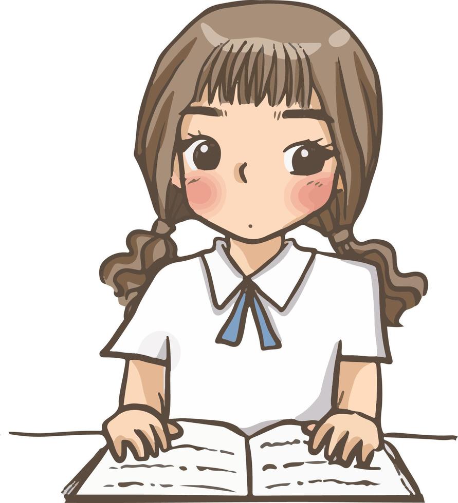 cartoon girl student reading drawing illustration clipart cute vector