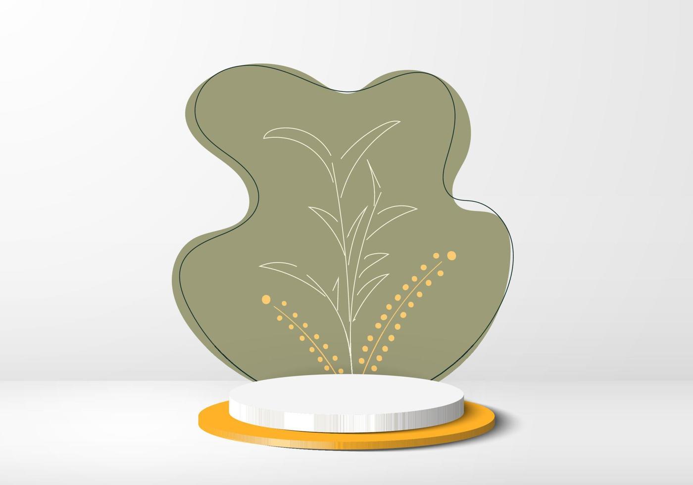 3D realistic product display white and yellow podium with green leaves hand drawn backdrop vector