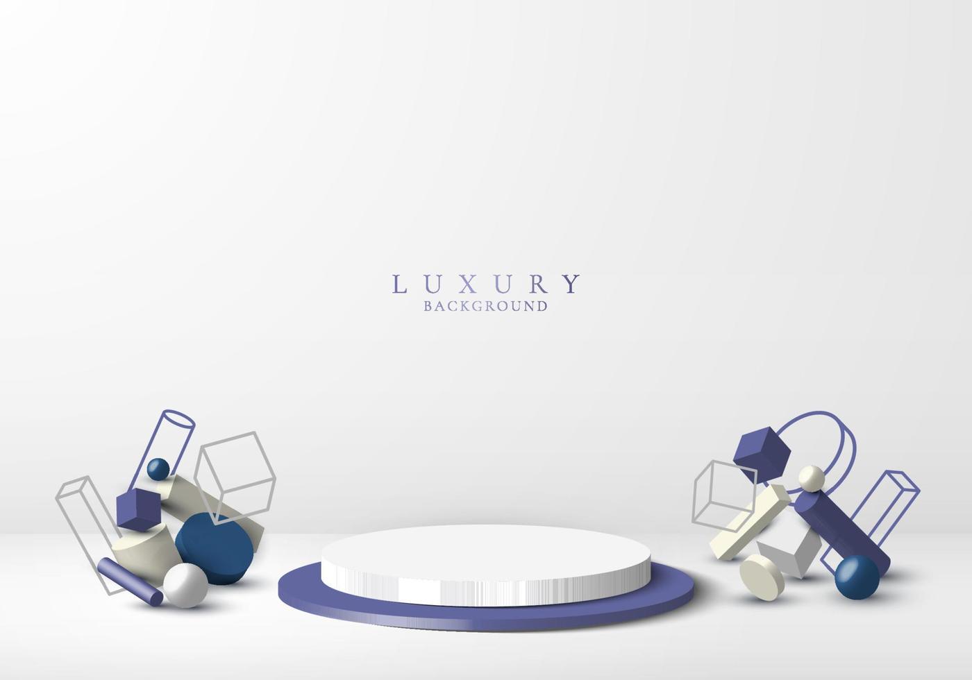 3D realistic product display white and blue podium with geometric decoration on clean background vector