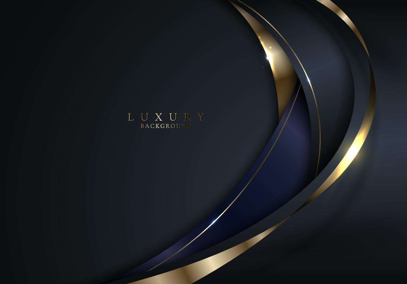 Abstract elegant 3D black and gold curve shape with shiny golden ribbon lines and lighting on dark background vector