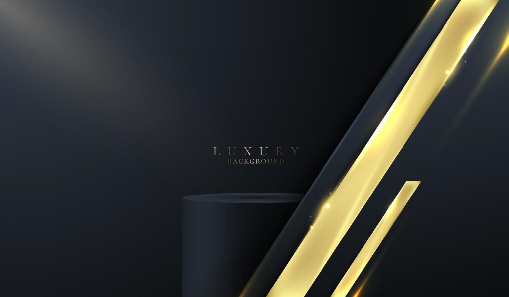 3D realistic black cylinder podium in blue stripes shapes with lighting shiny golden diagonal lines on dark studio room background vector
