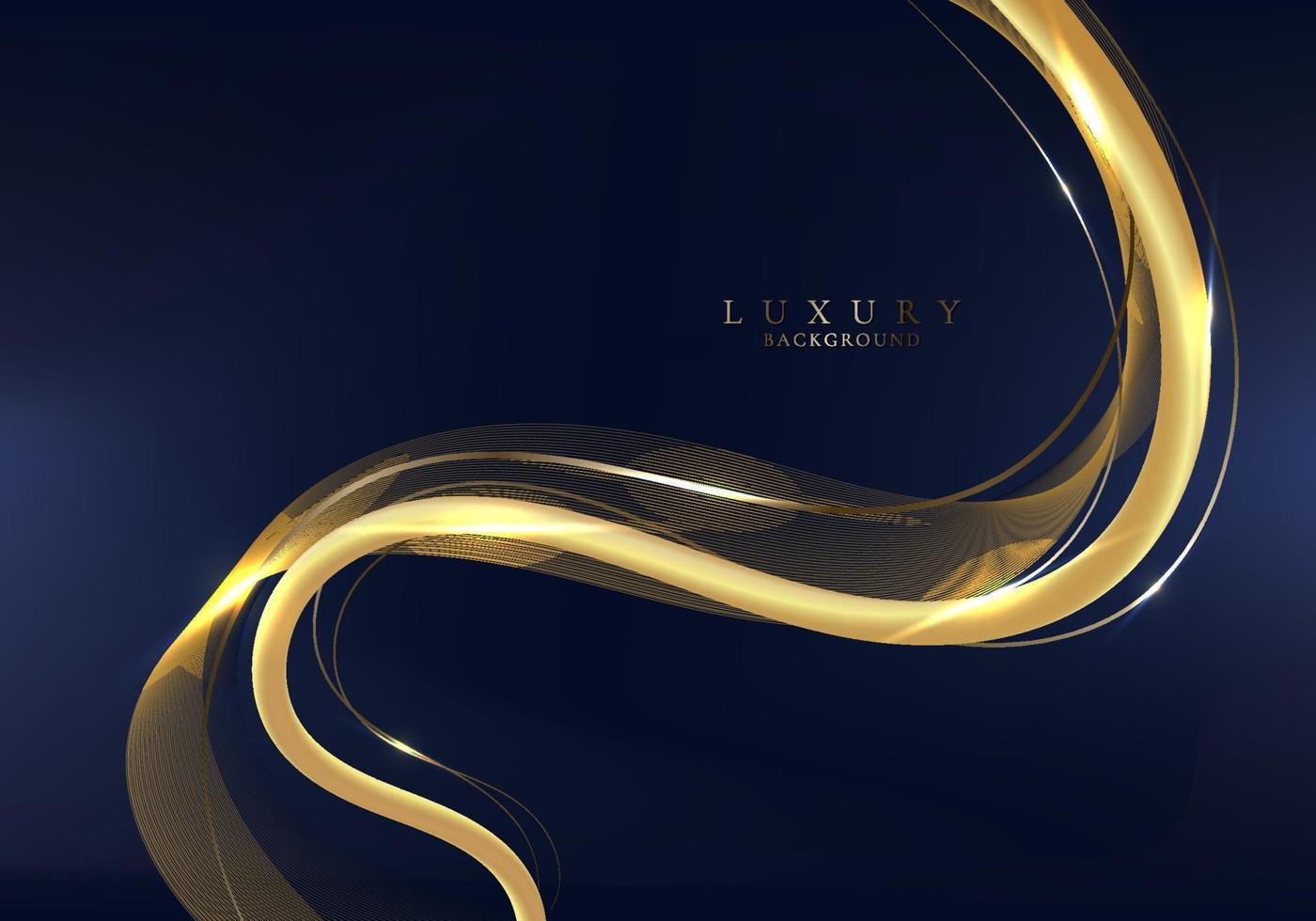 Abstract elegant 3D golden wave curved line elements with lighting effect on dark blue background. vector