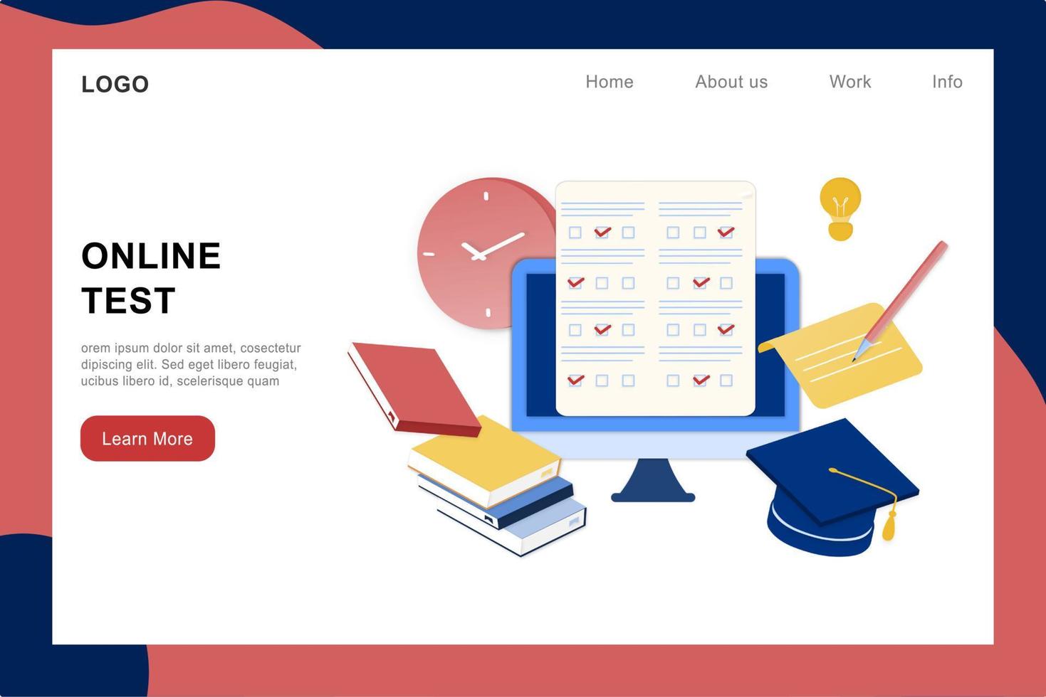 3D isometric landing page template of online examination on computer. Online test, opinion checklist, online education, questionnaire form, survey metaphor, answering internet quiz, computer testing. vector