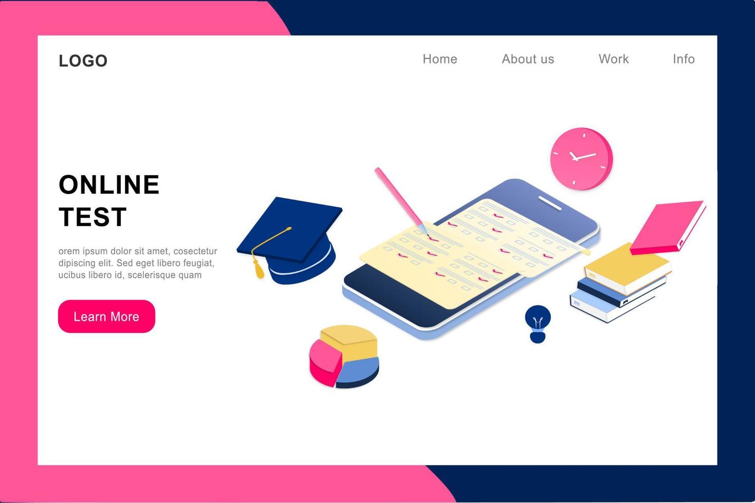 3D isometric landing page template of online examination on smartphone. Online test, opinion checklist, online education, questionnaire form, survey metaphor, answering internet quiz, homework testing vector