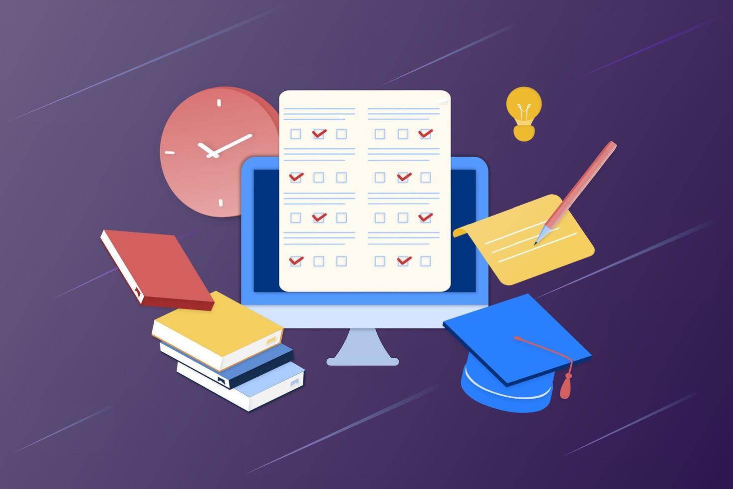 3D isometric landing page template of online examination on computer. Online test, opinion checklist, online education, questionnaire form, survey metaphor, answering internet quiz, computer testing. vector