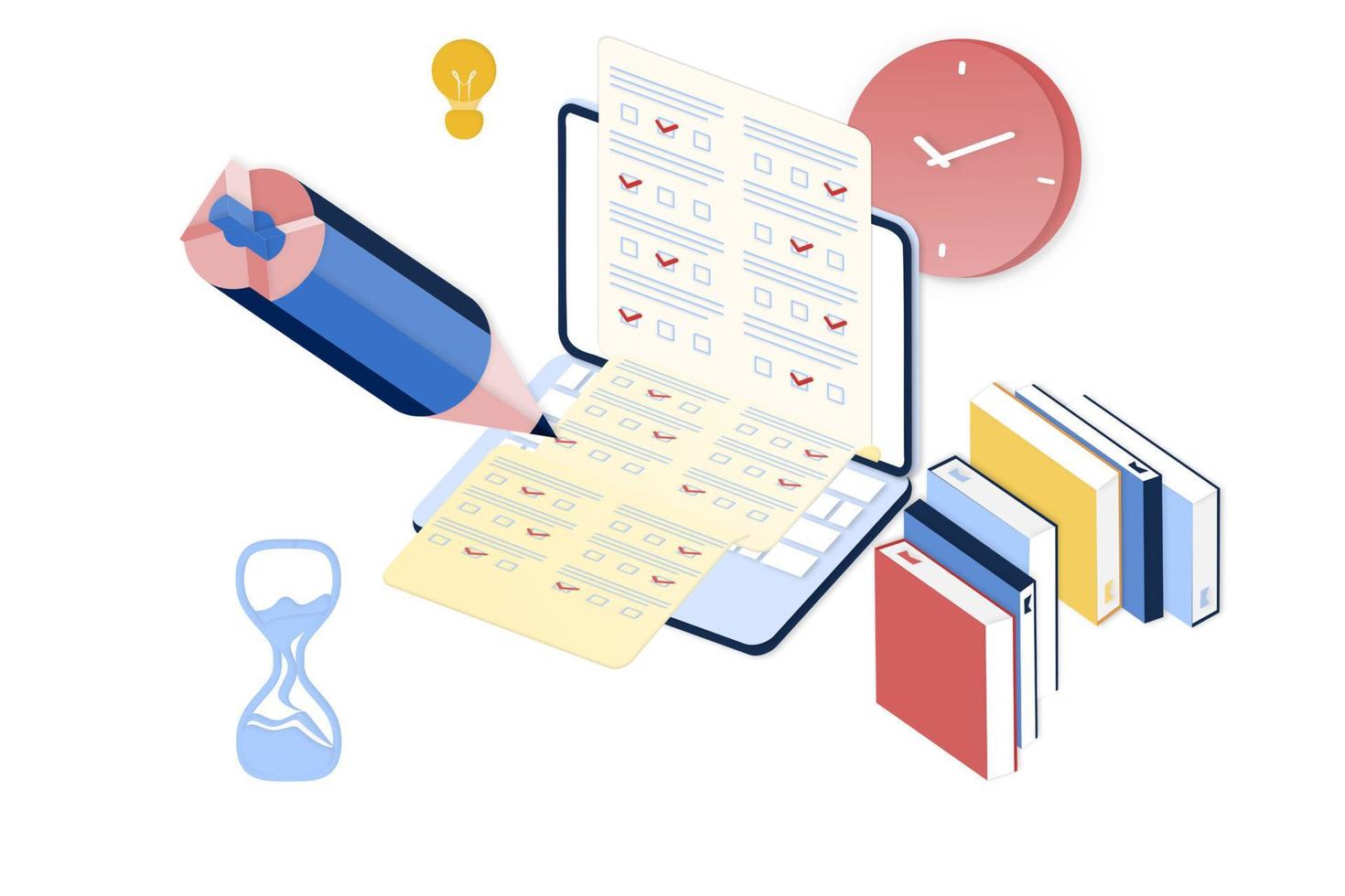 Online exam in mobile smartphone app. Online test, opinion checklist, online education, questionnaire form, survey metaphor, answering internet quiz, homework assignment. Computer test and examination vector