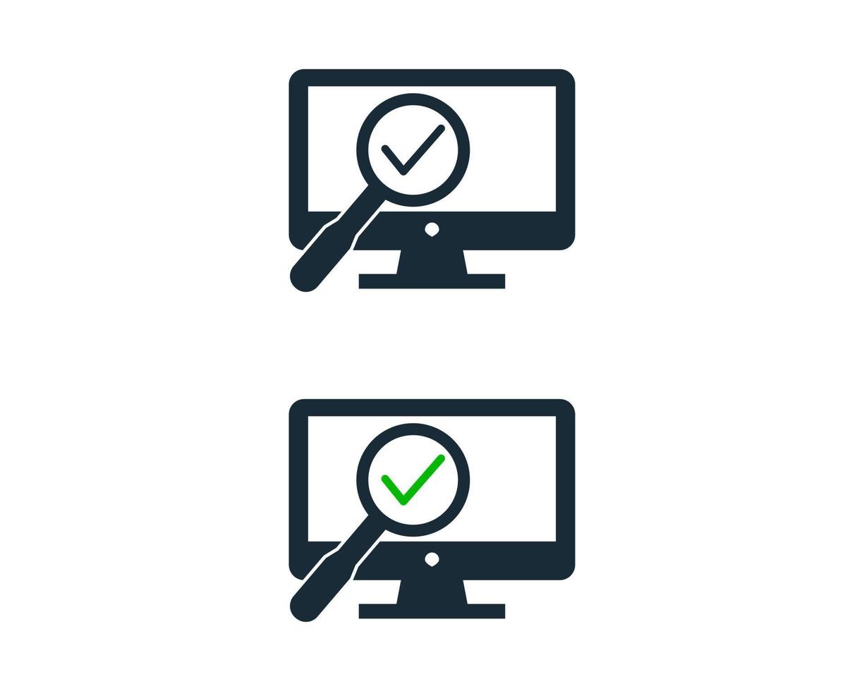 Screen, Monitor and Magnifying Glass Check Mark Icon Vector Logo Template Illustration Design