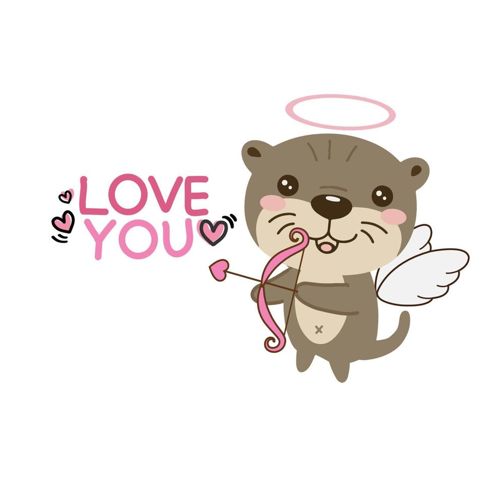 Valentines day card. Cute otter cupid  with heart bow and arrow. vector