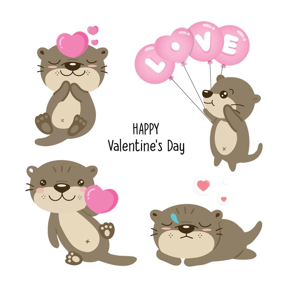 Set of Cute Otters fall in love. Hand drawn cartoon animal character. vector