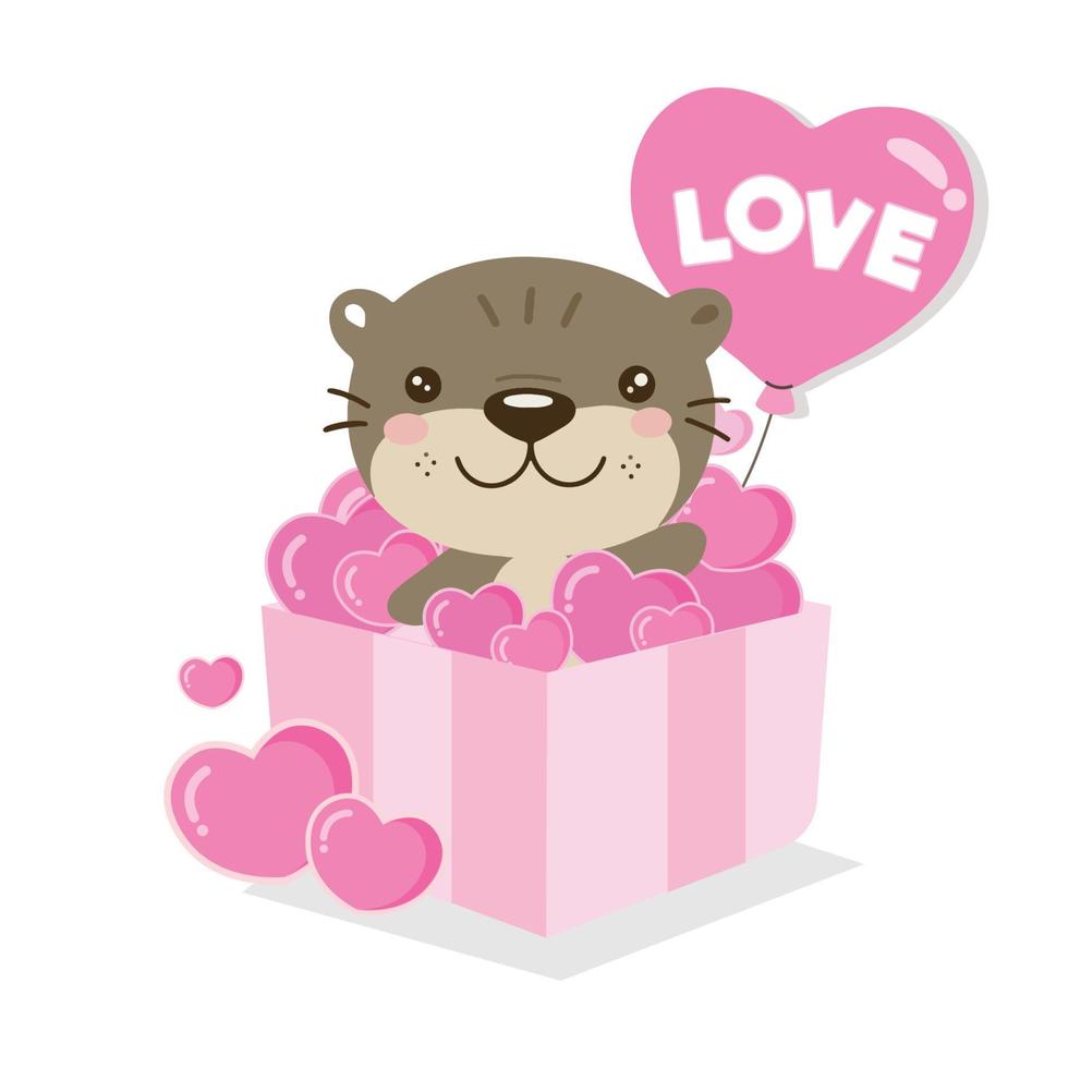 Cute otter holding pink ballon and sit in the gift box for valentines day. vector