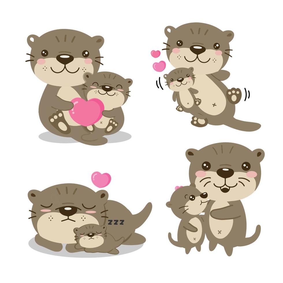 Cute Otters for Mother's Day. Otters mom and baby vector