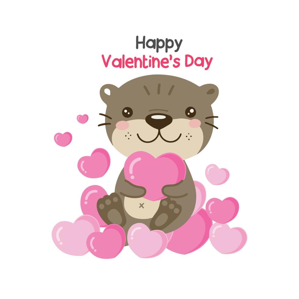 Cute otter holding pink hearts for valentines day. vector