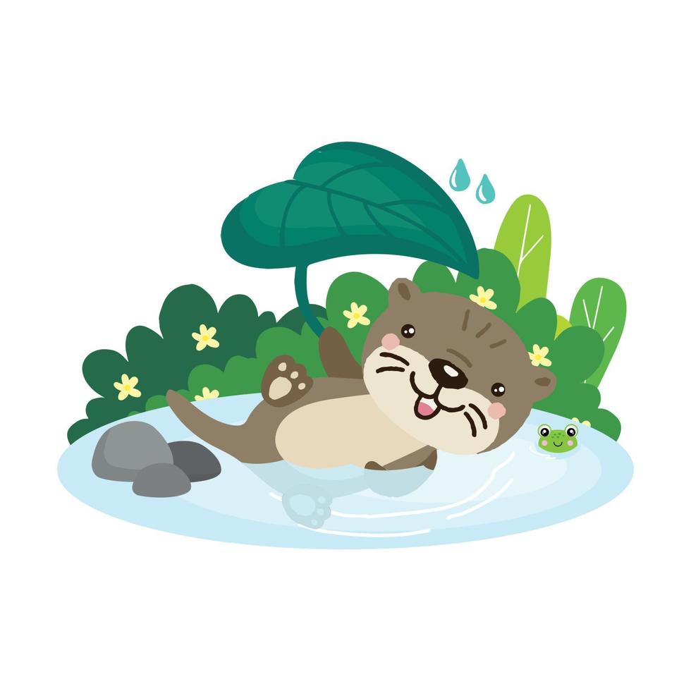 Cute  cartoon Otter floats on river. vector