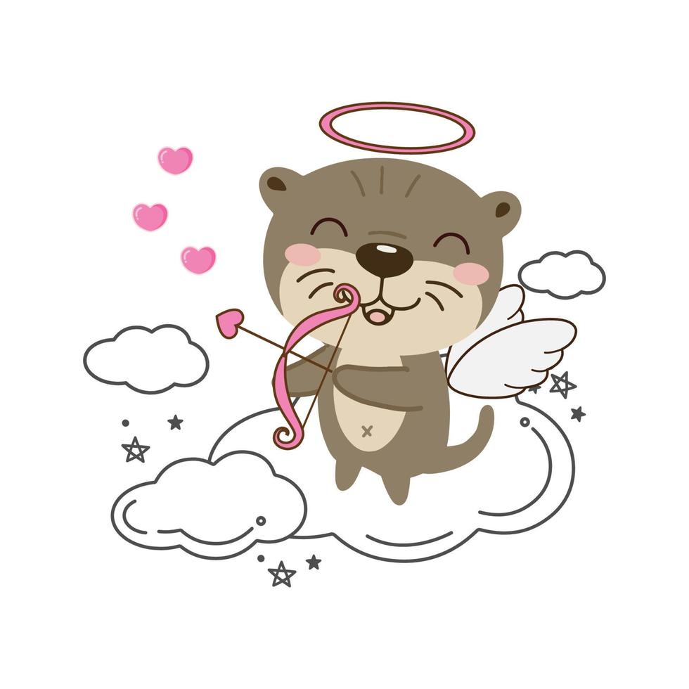 Valentines day card. Cute otter cupid  with heart bow and arrow. vector
