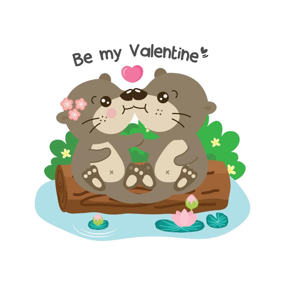 Cute couple otters holding hearts for valentines day. vector