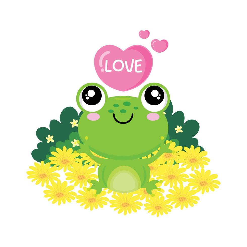 Valentines day greeting card. Cute frog with heart on flower field. vector