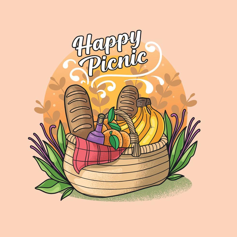 feliz dia del pinic floral y canasta comida y fruta vector