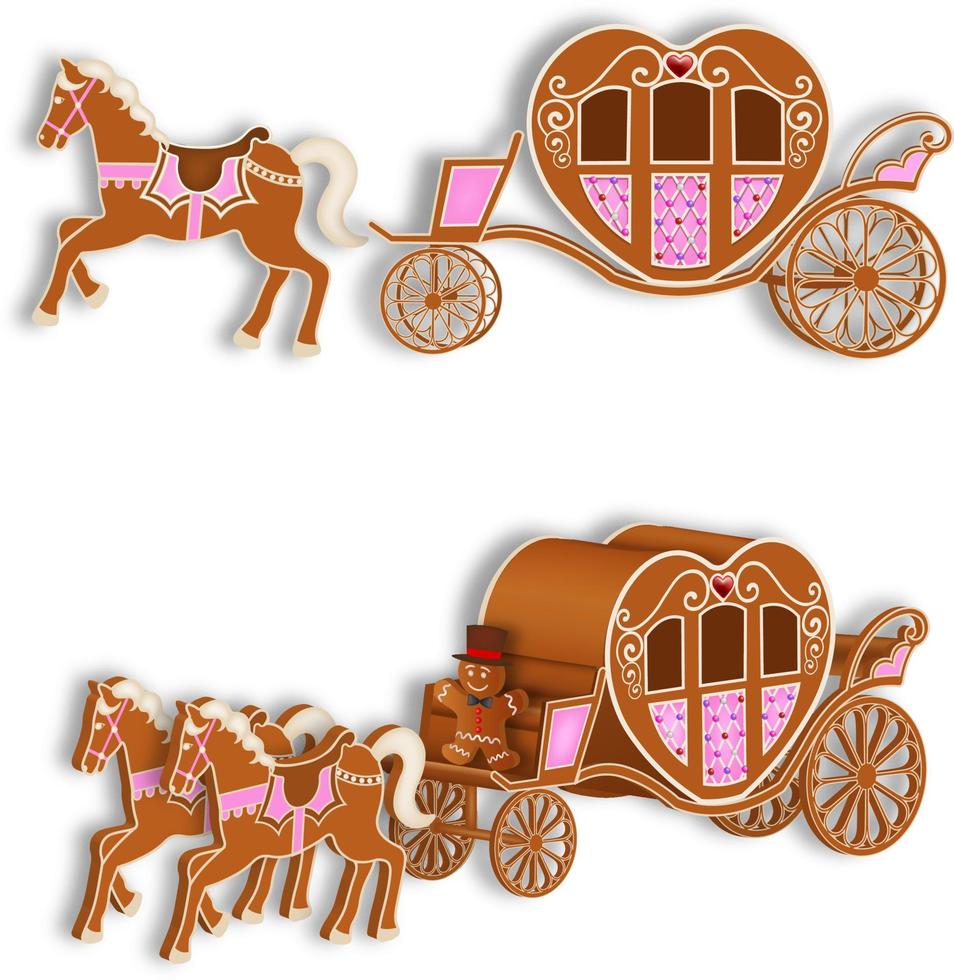 carruajes aislados en forma de corazón de pan de jengibre con caballos. carruaje de pan de jengibre del día de san valentín vector