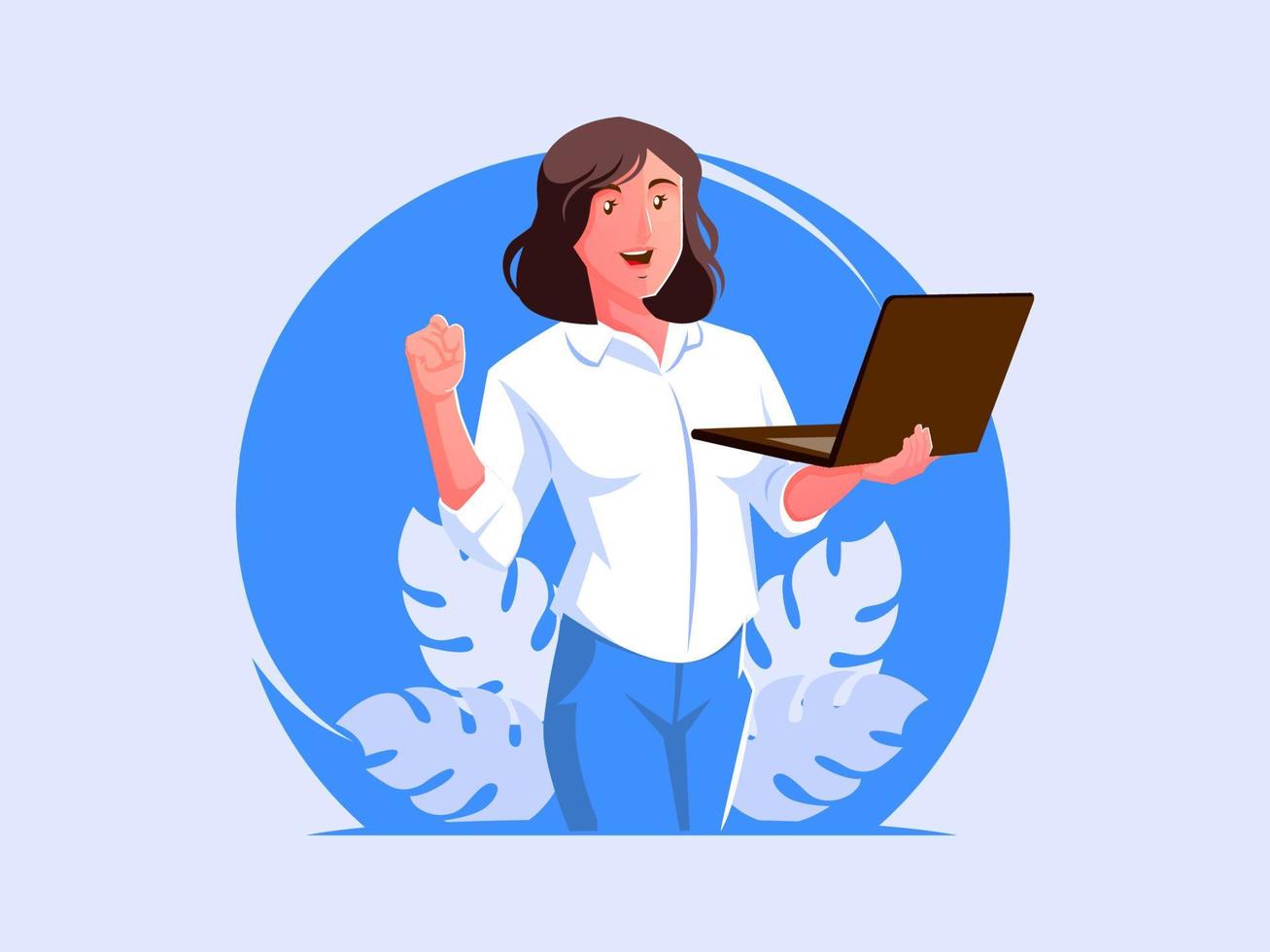 Woman standing with a laptop vector