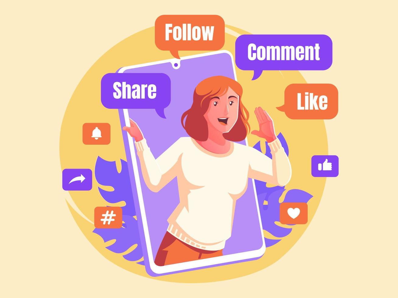 Women shout promotion social media share follow comment and like vector