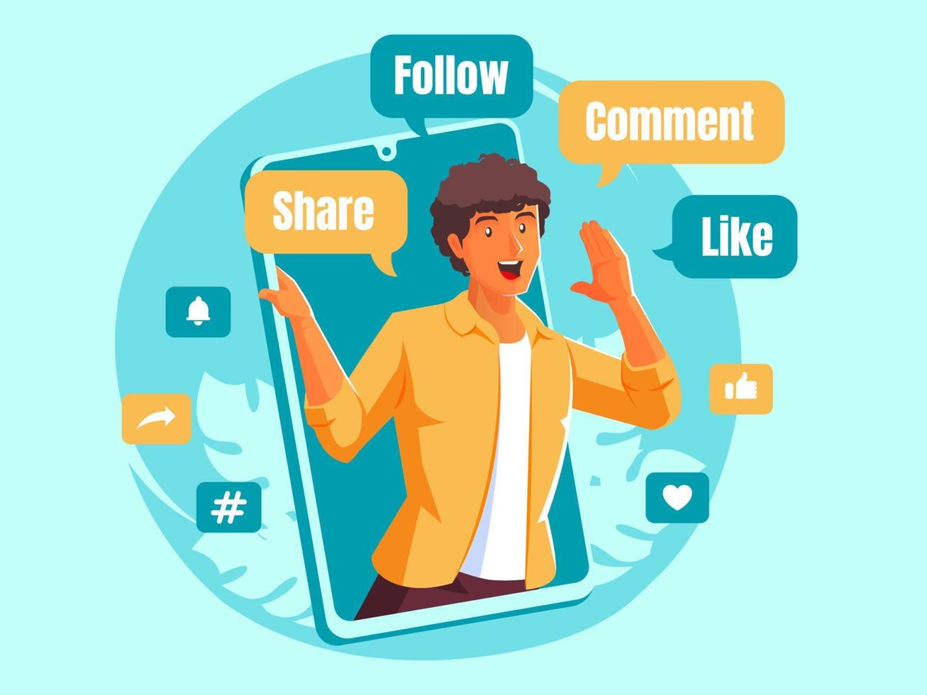 Black men shout promotion social media share follow comment and like vector