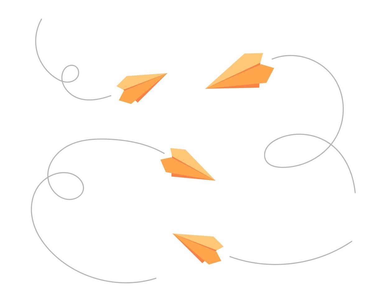 Yellow paper planes with dotted line route symbols. Handmade flying airplanes set. Vector eps illustration