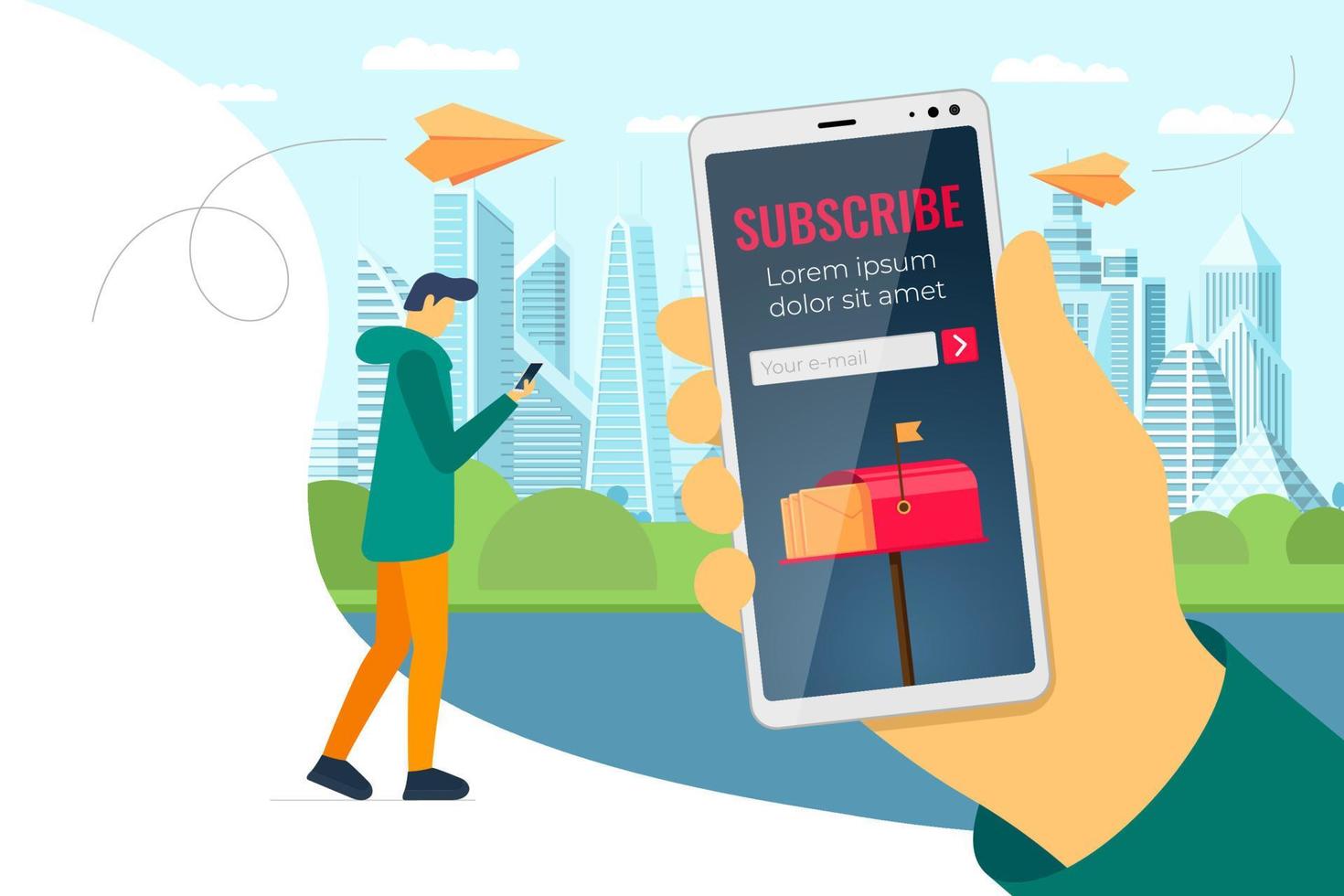 Subscribe on newsletter online service mobile app design template. E-mail subscription form on smartphone screen. Paper planes with message, mail and news fly to phone. Vector eps man mailing