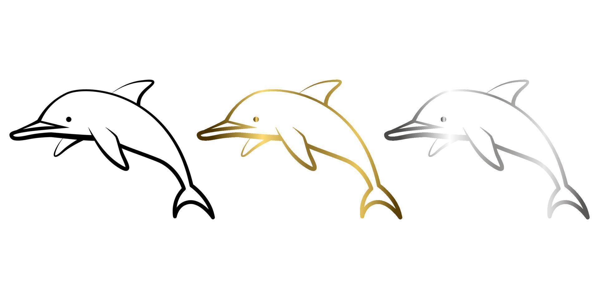 Three color black gold and silver Line art vector illustration of a dolphin