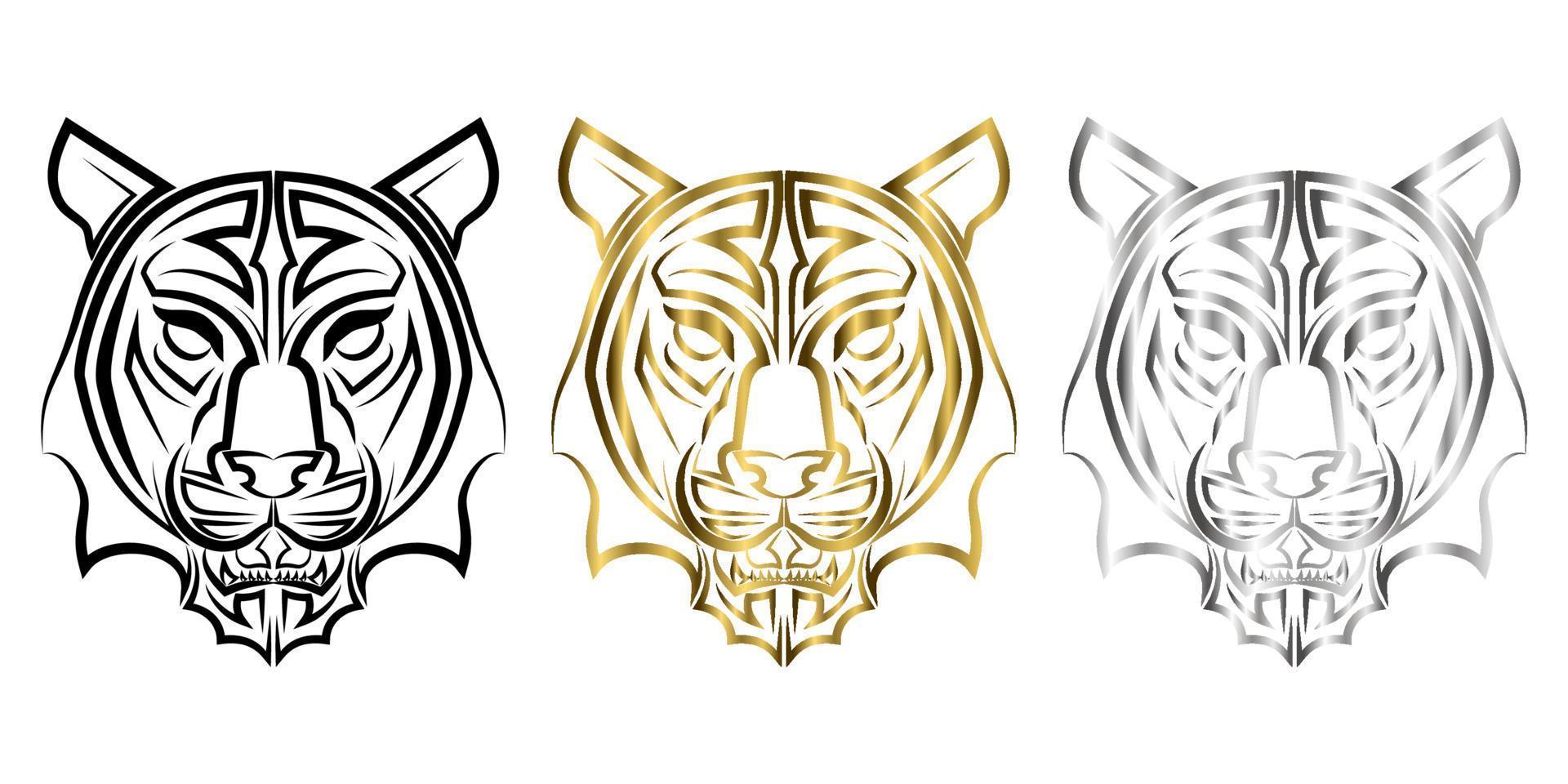 tres colores negro oro y plata línea arte de cabeza de tigre buen uso para símbolo mascota icono avatar tatuaje camiseta diseño logotipo o cualquier diseño vector