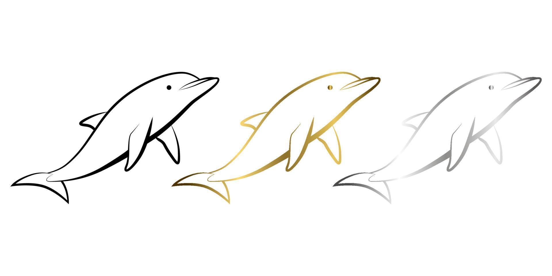 Three color black gold and silver Line art vector illustration of a dolphin