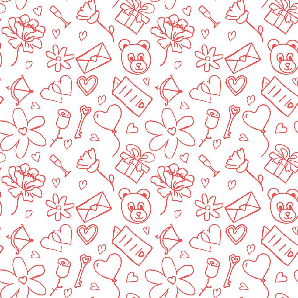 Valentine's day pattern. Seamless pattern with hearts, giftbox, flowers, teddy bear, rose. Set of valentine's day icons vector
